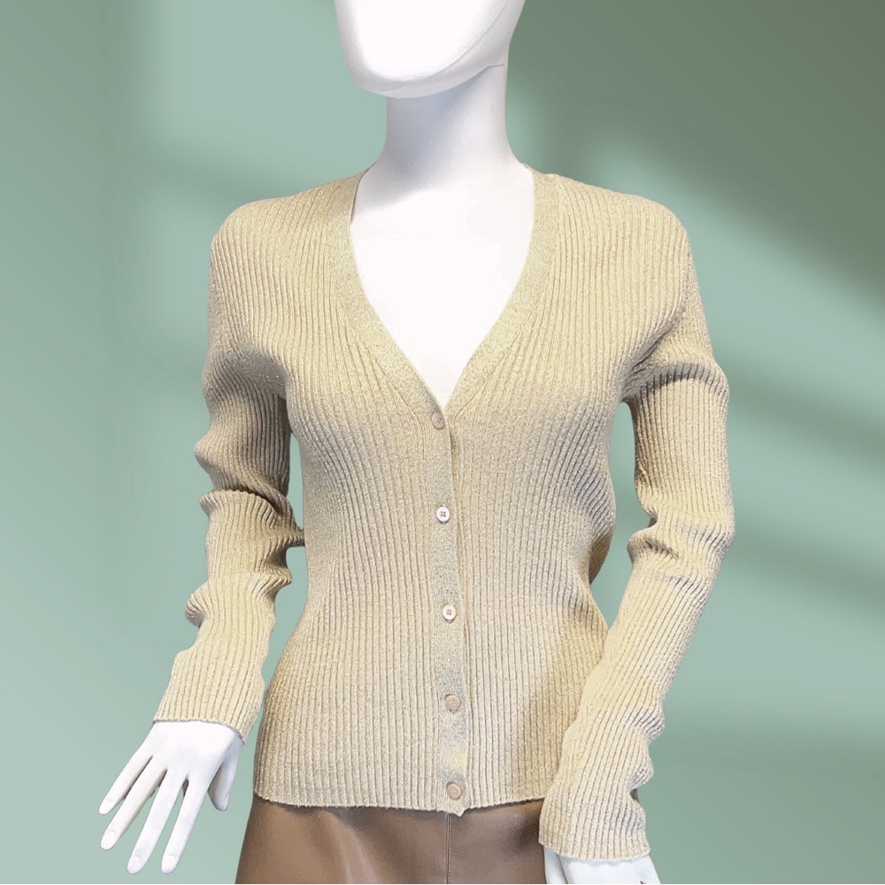 NY & CO Women's Beige Sweater Cardigan With Gold Threads Sz M Sparkly NWOT